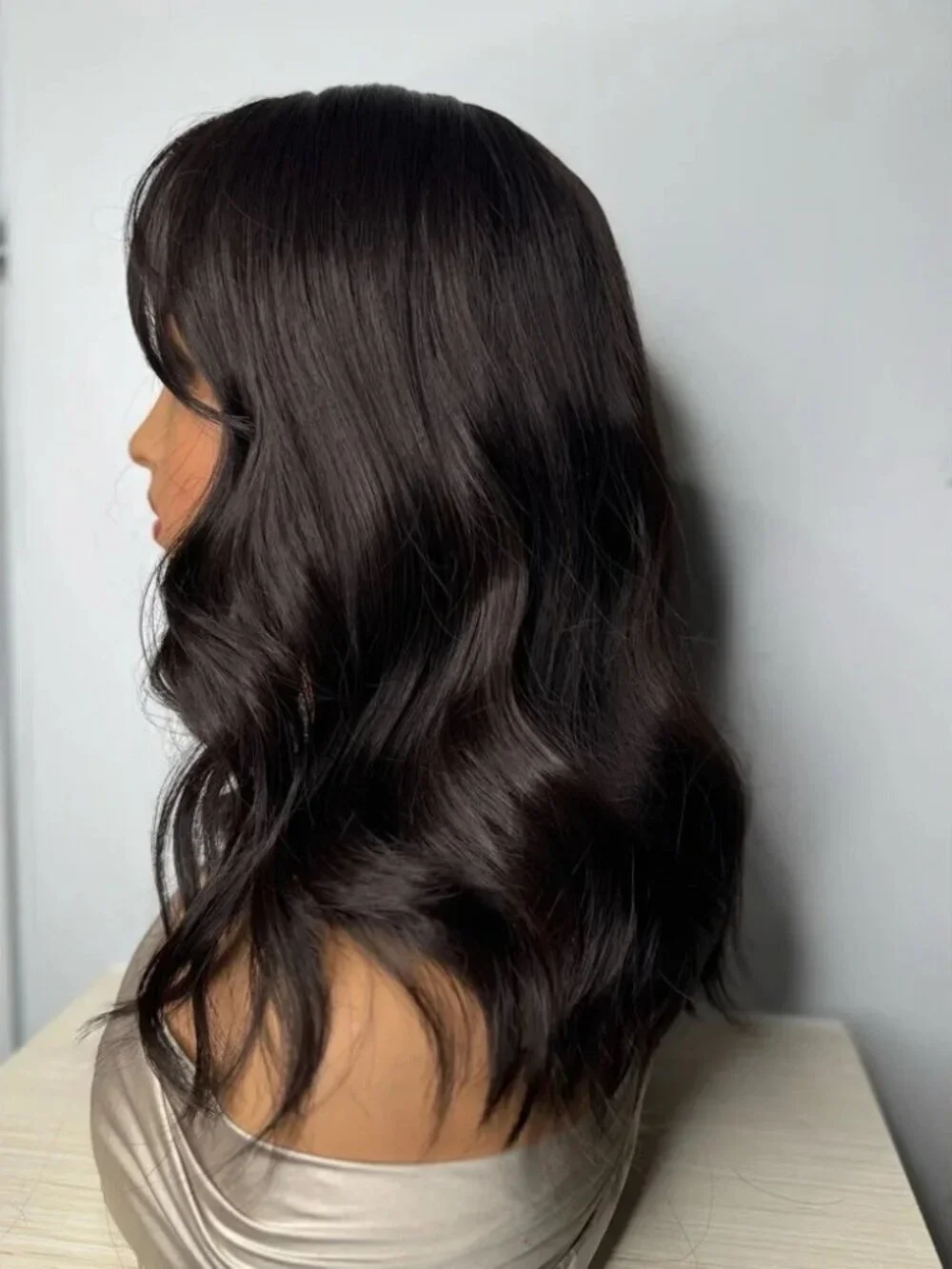 14” Dark Brown Wavy Synthetic Wig with Bangs – Natural Look, Classic Cap New Wit